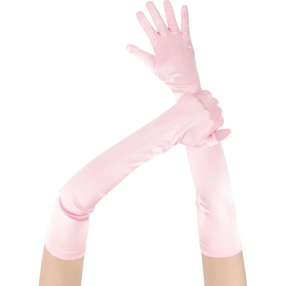 Women's Evening Pink Long Satin Gloves Elbow Length Formal Party Prom Wear